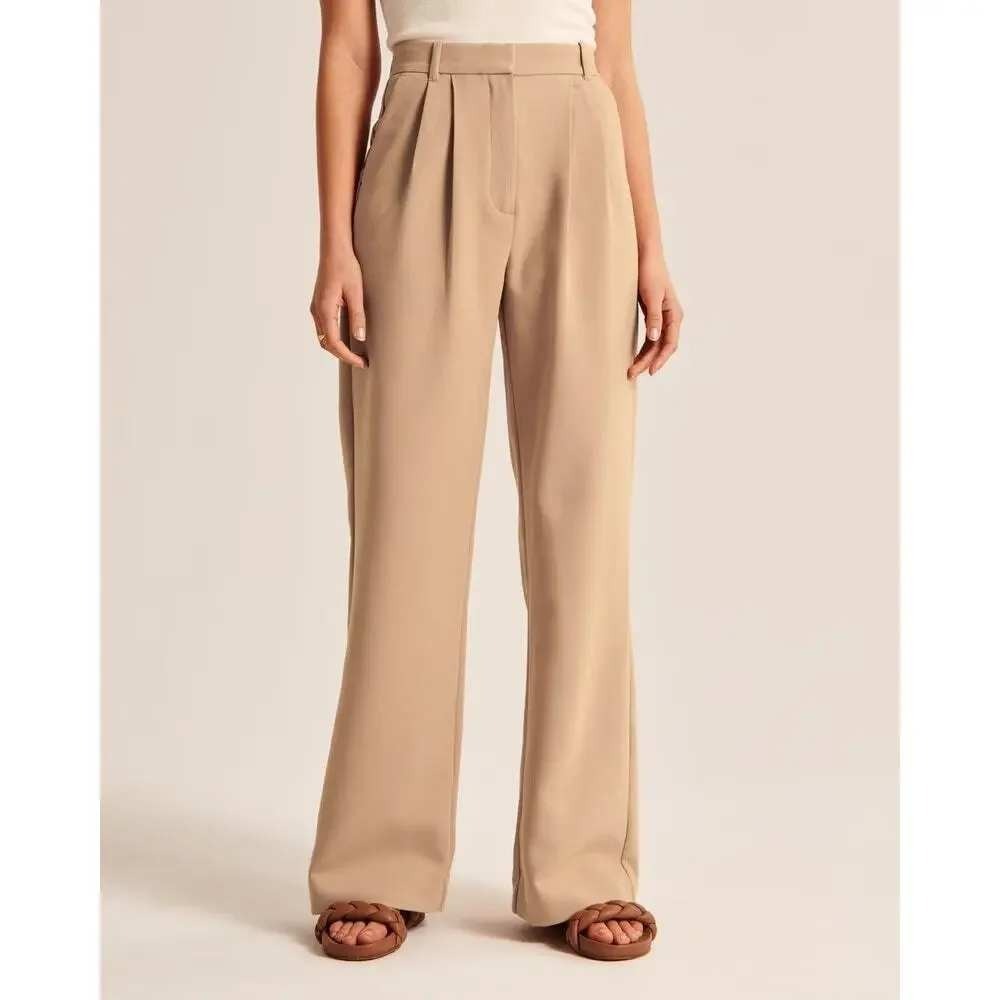 Abercrombie & Fitch High-Waist Wide-Leg Trousers in Beige